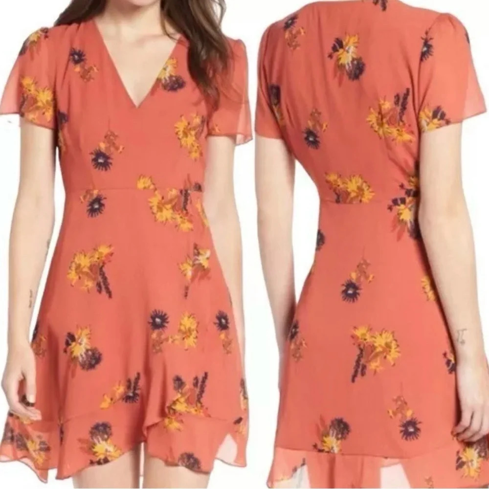 Madewell Posy Cactus Flower Burnt Orange Ruffle Dress Size 2